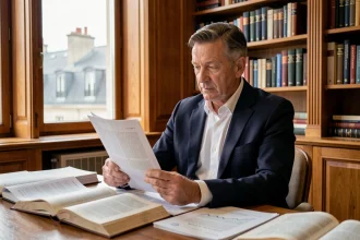 Homme âgé en blazer marine assis dans un bureau parisien lisant un article imprimé, illustrant la recherche d'informations sur la santé d'une personnalité publique