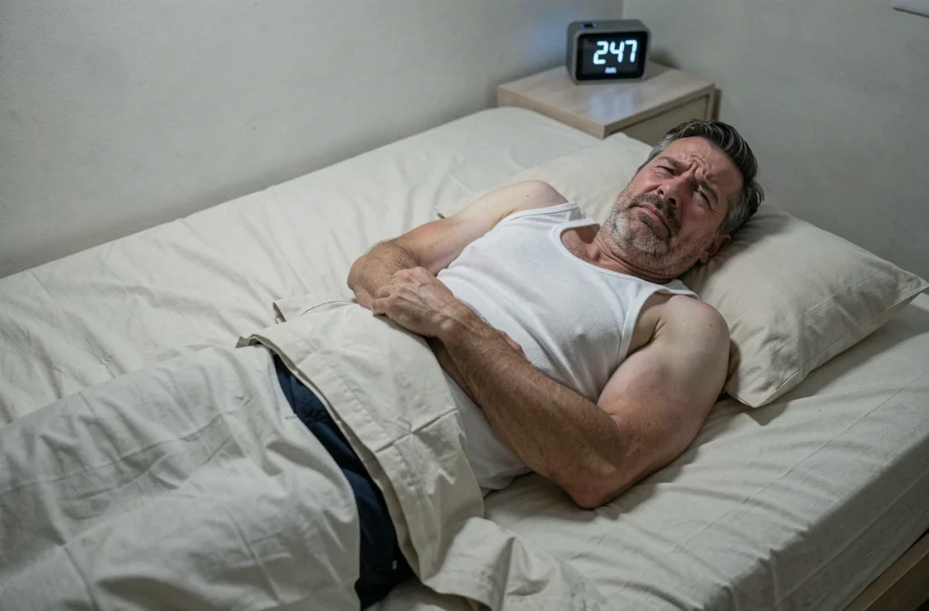 Homme allongé dans son lit la nuit, grimace de douleur intercostale, réveil indiquant 2h47