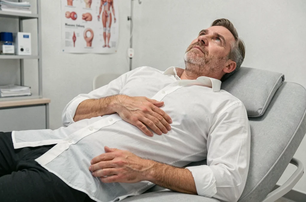 Homme allongé en cabinet médical avec douleur à la cage thoracique lors d'une consultation