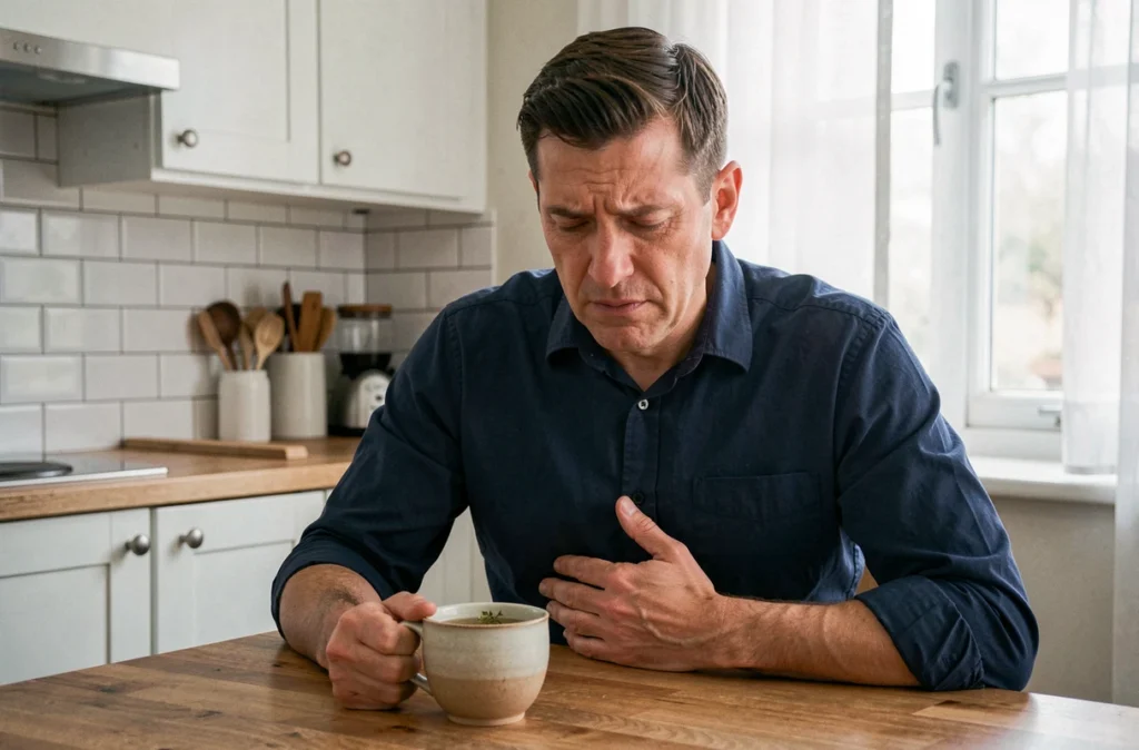 Homme d'âge moyen avec inconfort digestif tenant une tasse de tisane dans une cuisine moderne