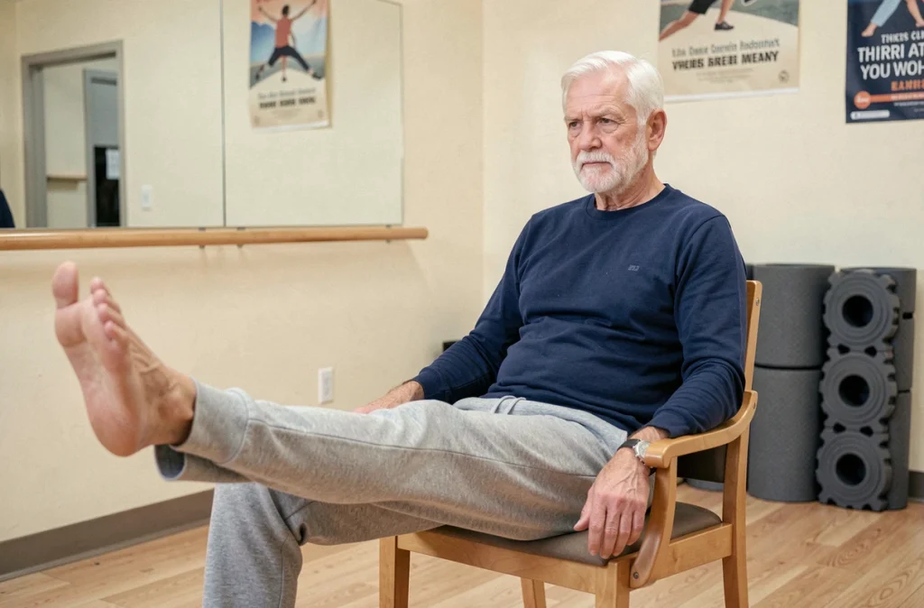 Homme senior réalisant des exercices de mobilité assis dans une salle de rééducation, remise en mouvement progressive après 70 ans
