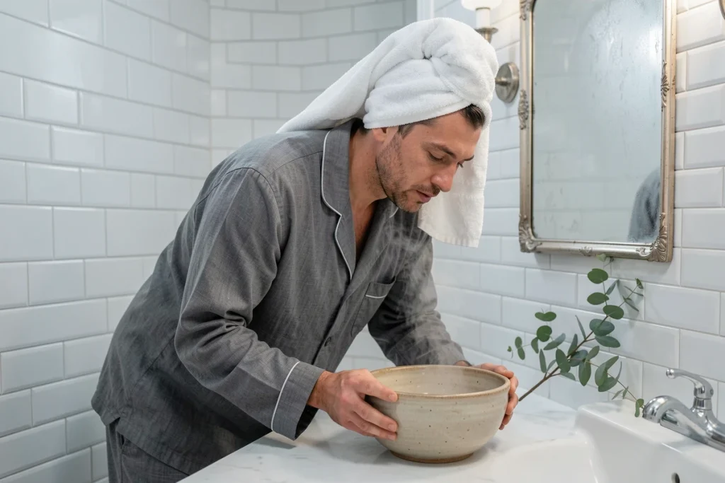 Homme pratiquant l'inhalation de vapeur pour calmer une toux sèche hivernale dans une salle de bain