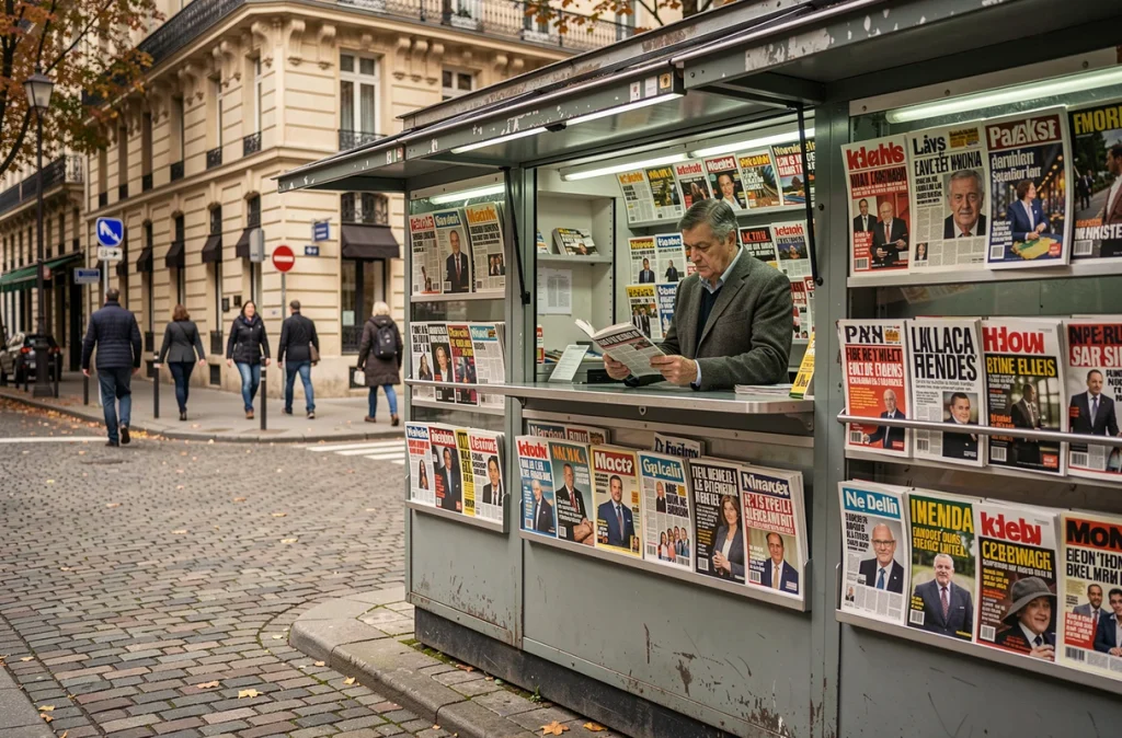 Kiosque à journaux parisien avec un vendeur consultant un tabloïd, entouré de magazines présentant des titres sur des personnalités publiques dans une rue pavée en automne