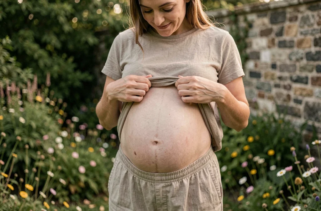 Femme enceinte en extérieur découvrant son ventre avec la linea nigra visible, illustrant la pigmentation cutanée durant la grossesse