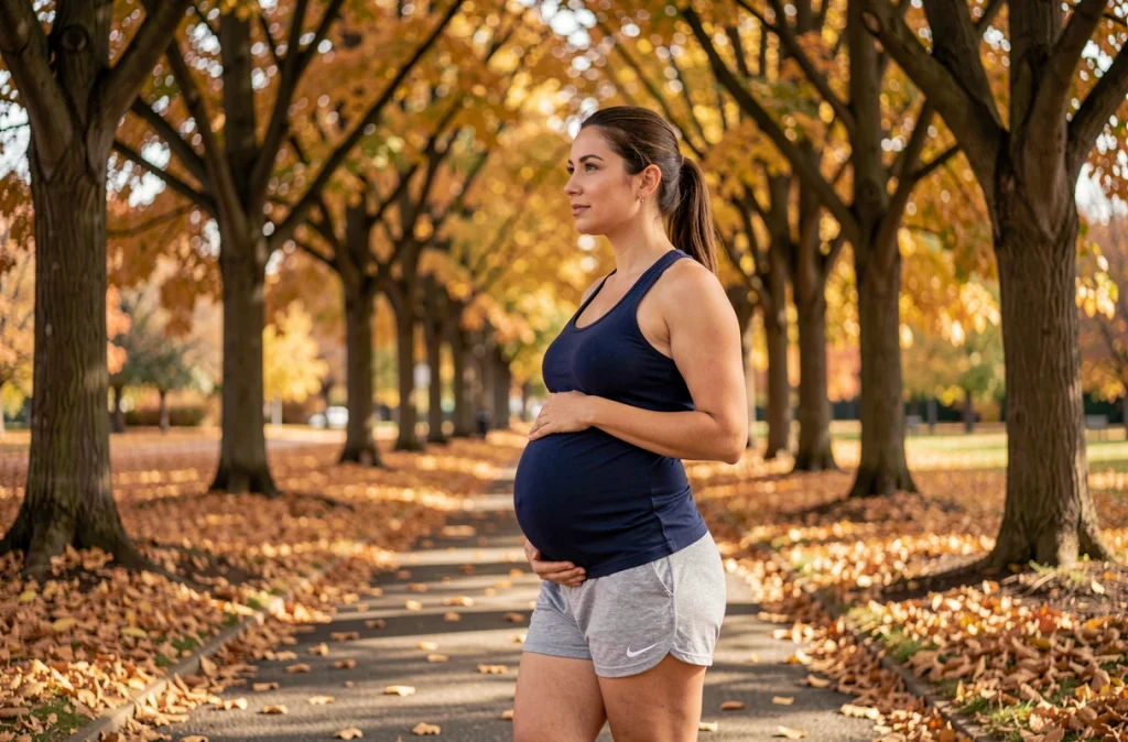 Femme enceinte marchant dans un parc en automne, exercice physique adapté et recommandé pendant la grossesse