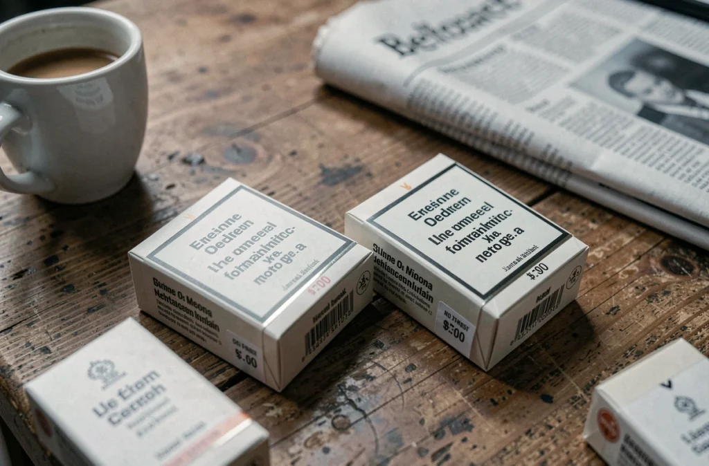 Paquets de cigarettes standardisés sur une table de café belge avec prix et journal, vue rapprochée