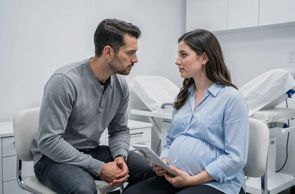 Un partenaire accompagne sa compagne enceinte lors d'une consultation prénatale dans un cabinet médical moderne