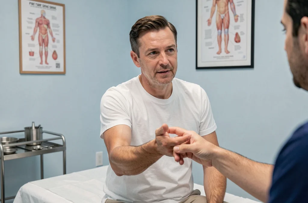 Patient masculin montrant son ongle avec une tache noire à un médecin lors d'une consultation