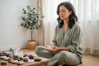 Femme en méditation tenant une pierre de quartz rose dans un espace minimaliste entouré de cristaux pour traverser une période de changement