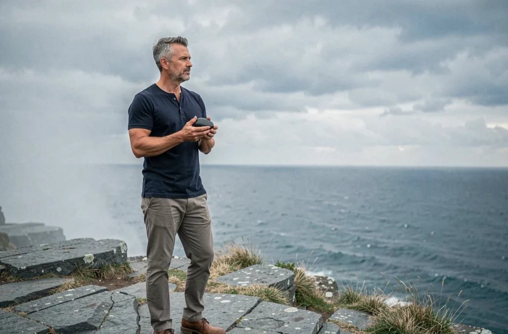 Homme tenant une pierre d'obsidienne face à l'océan sur une falaise rocheuse symbolisant la transformation intérieure et le dépassement de soi