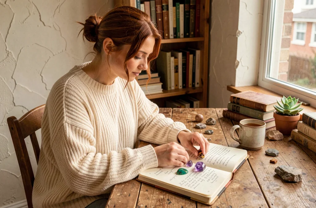 Jeune femme arrangeant des pierres précieuses améthyste et malachite dans un journal de développement personnel pour accompagner un changement profond