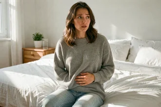 Jeune femme en pull gris posant la main sur son ventre, assise sur un lit, exprimant les premiers signes de grossesse