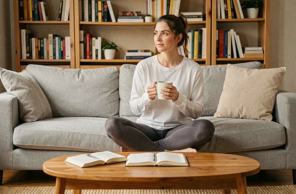 Femme en tenue décontractée tenant une tasse de tisane sur un canapé, avec un journal ouvert, réfléchissant aux premiers symptômes de grossesse