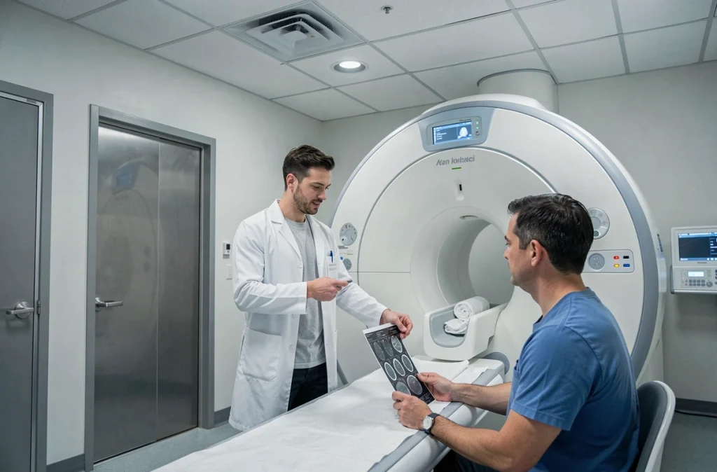Radiologue expliquant les effets secondaires possibles d'une IRM à un patient adulte dans une salle d'imagerie médicale moderne