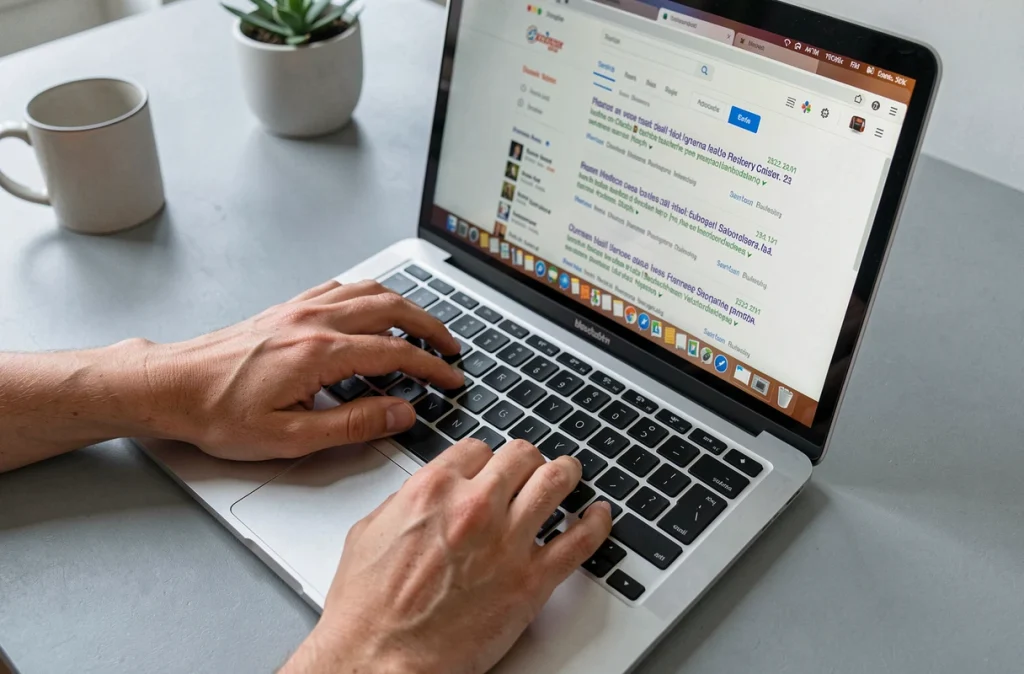 Mains tapant sur un clavier d'ordinateur portable avec résultats de recherche sur la santé d'une personnalité publique à l'écran, dans un espace de travail minimaliste moderne