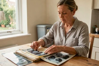 Femme triant d'anciennes radiographies médicales pour les recycler, posées sur une table en bois à la maison