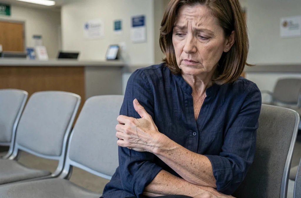 Femme en salle d'attente d'hôpital tenant son bras douloureux avec inquiétude
