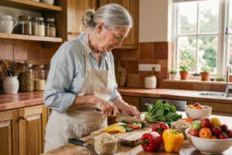 Femme senior préparant des légumes frais dans une cuisine chaleureuse pour un repas équilibré