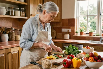 Femme senior préparant des légumes frais dans une cuisine chaleureuse pour un repas équilibré