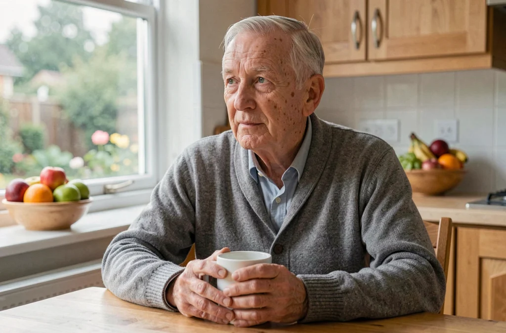 Homme âgé en bonne forme cognitive savourant son café le matin après une nuit de sommeil réparateur, symbole de mémoire préservée chez les seniors