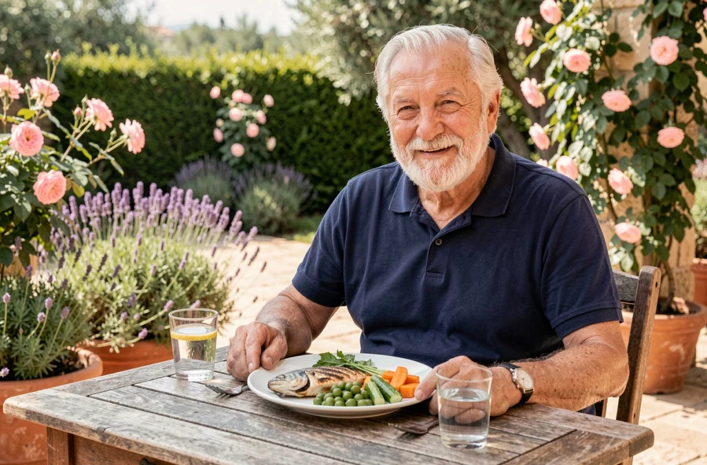Homme senior savourant un repas sain et équilibré en terrasse dans un jardin méditerranéen