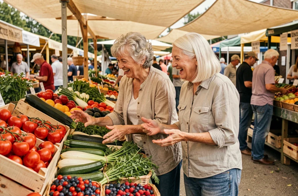 Deux femmes seniors choisissant des fruits et légumes frais sur un marché local animé