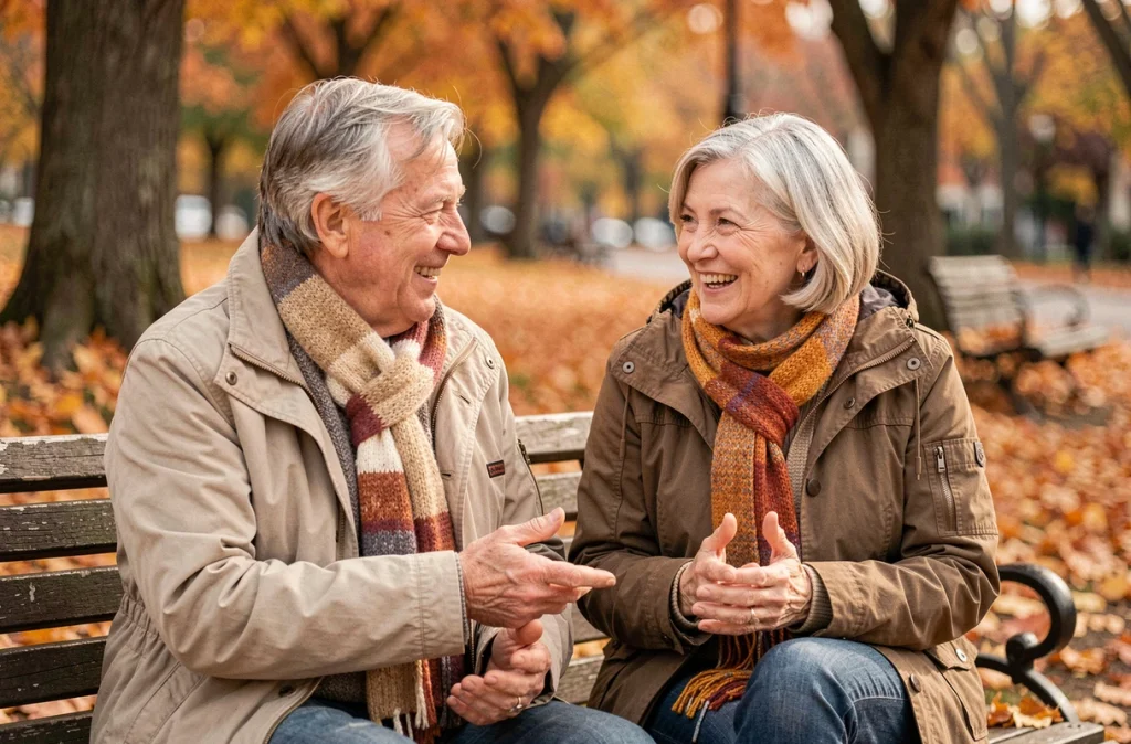 Deux seniors en conversation animée sur un banc de parc en automne, évoquant la vivacité cognitive et la mémoire préservée grâce à un sommeil de qualité