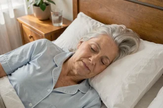 Femme senior dormant paisiblement dans un lit confortable, illustrant les bienfaits du sommeil réparateur sur la mémoire des personnes âgées
