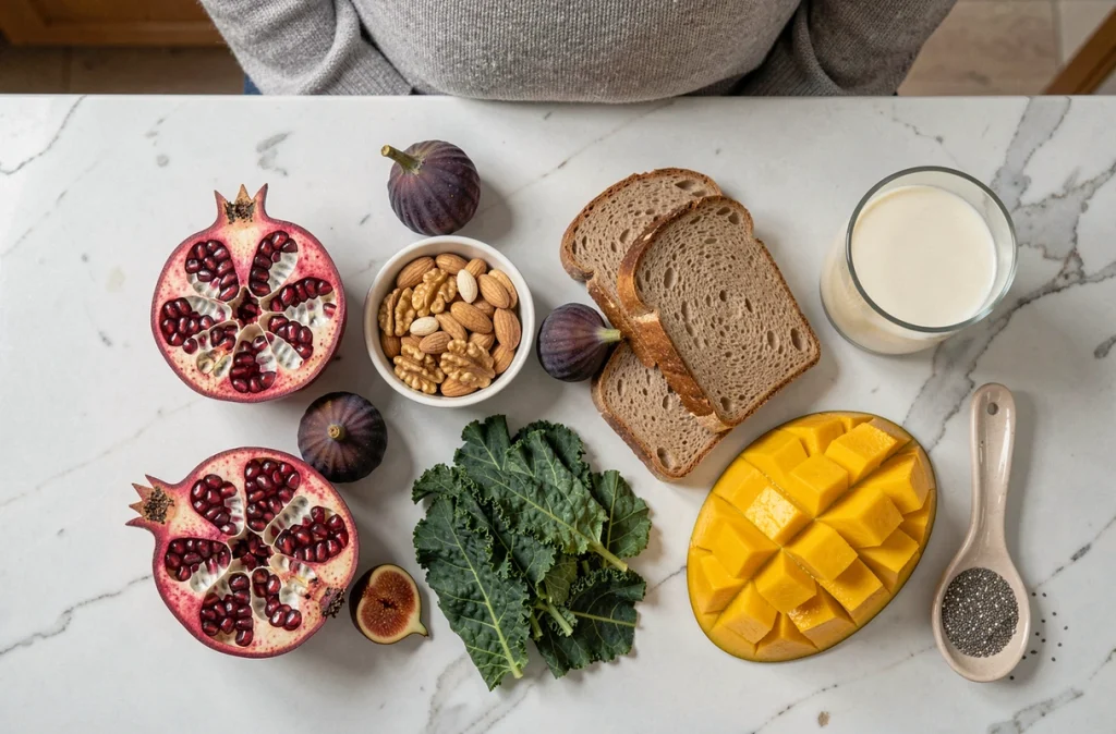 Vue du dessus d'aliments riches en nutriments essentiels recommandés pour une grossesse en bonne santé