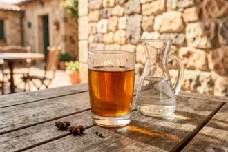 Verre de pastis avec carafe d'eau et graines d'anis étoilé sur une table de café provençal en terrasse