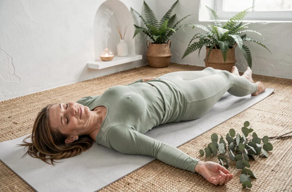 Femme en posture de relaxation sur tapis de yoga pour soulager naturellement les picotements et fourmis dans la tête