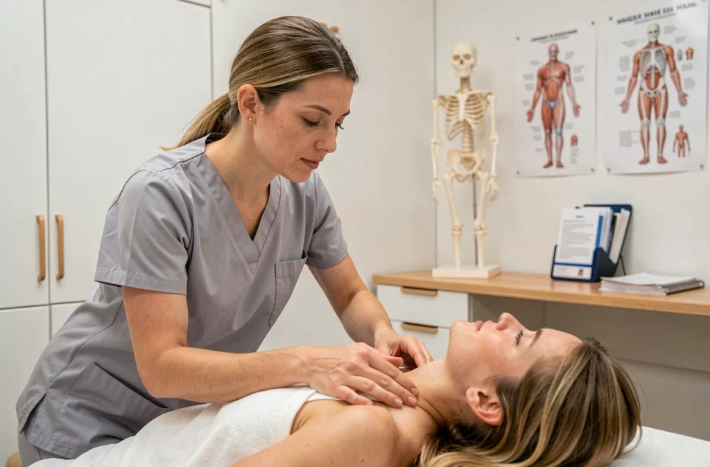Alix Messin réalisant une thérapie manuelle cervicale sur un patient dans son cabinet de kinésithérapie