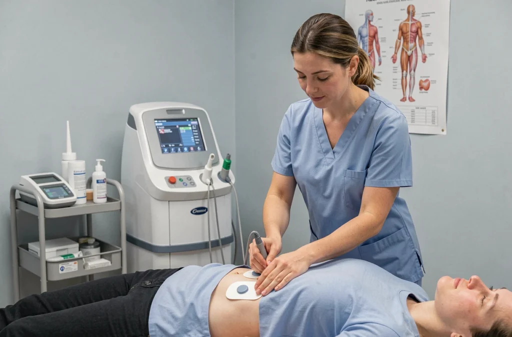 Blandine Boson appliquant une électrostimulation neuromusculaire sur le dos d'un patient dans son cabinet