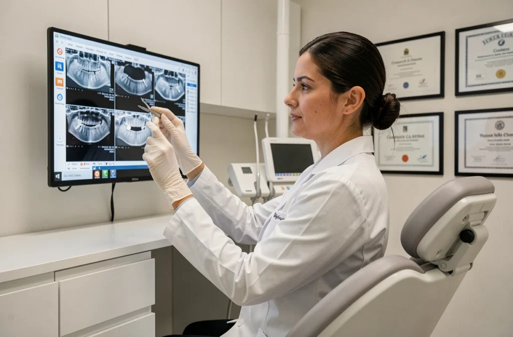 Dentiste spécialisée examinant des radiographies numériques dans le cabinet dentaire Carré des Sourires à Lille