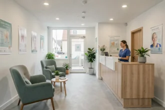 Hall d'accueil moderne d'un centre dentaire dans les Hauts-de-France, avec une réceptionniste souriante en blouse bleue
