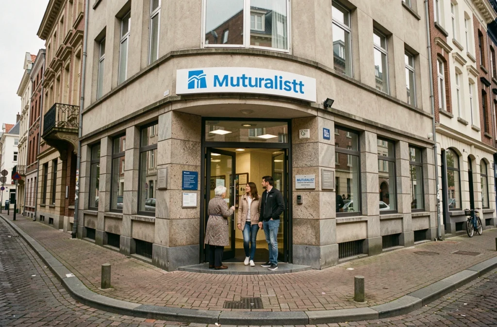 Façade du centre de santé dentaire mutualiste de Lille avec des patients entrant dans l'établissement
