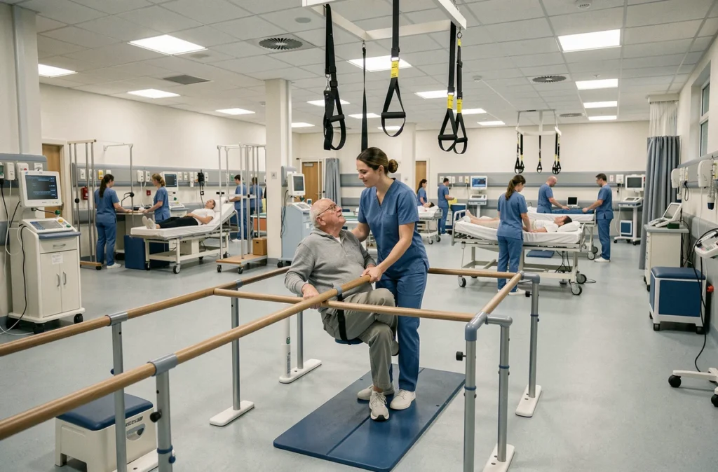 Service de rééducation fonctionnelle du CHU Grenoble Alpes avec patients et kinésithérapeutes en séance
