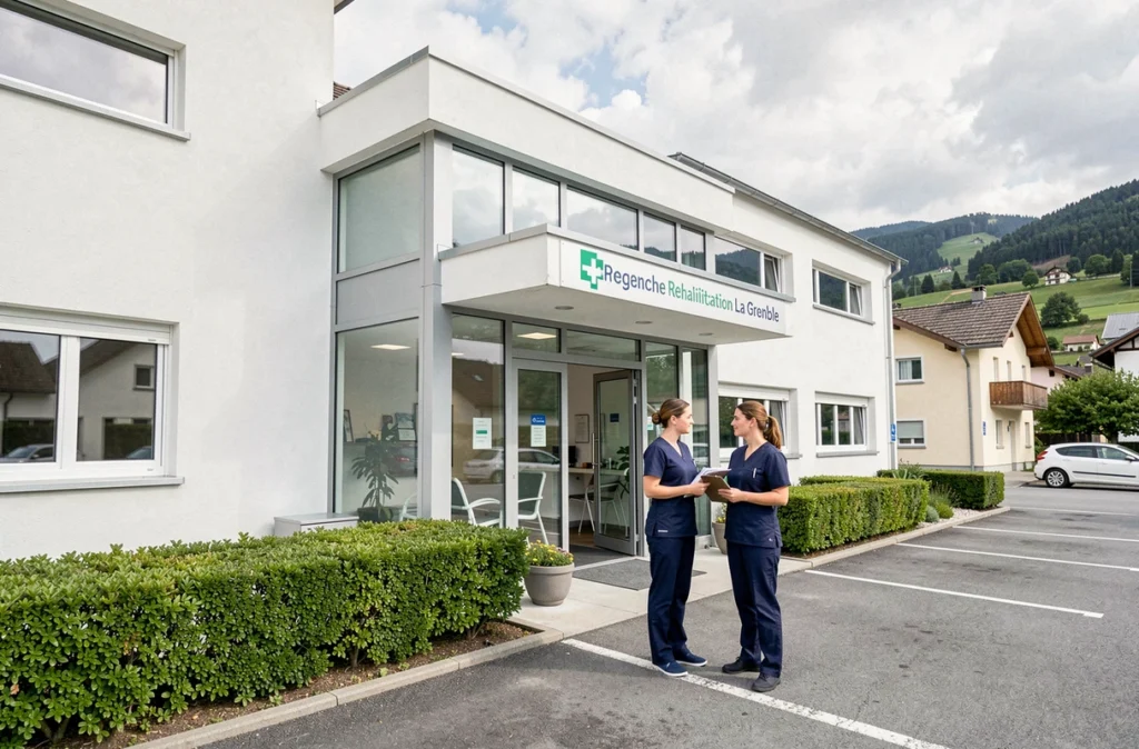 Façade de la Clinique du Grésivaudan à La Tronche avec personnel soignant à l'entrée