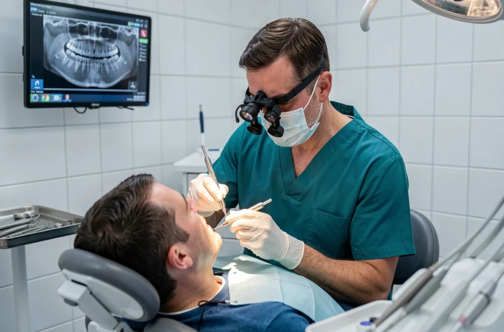 Chirurgien-dentiste réalisant une procédure d'implantologie au centre Dentego Roubaix avec des instruments spécialisés