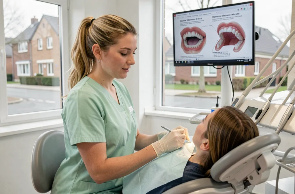 Hygiéniste dentaire effectuant un détartrage dans la salle de soins moderne du centre Dentego Villeneuve-d'Ascq