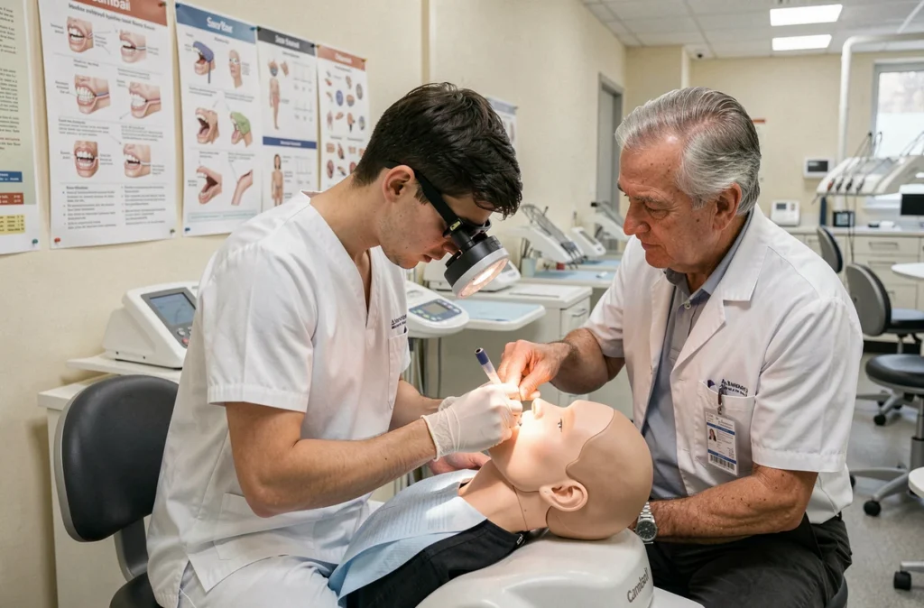 Étudiant en dentisterie en formation pratique sous la supervision d'un praticien au centre EasyGoodSmile Cambrai dans le Nord