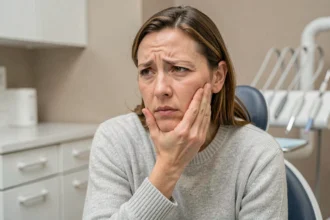 Femme qui appuie sur sa joue douloureuse chez le dentiste, illustrant une douleur dentaire au toucher