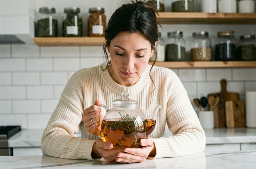 Femme tenant une théière en verre remplie d'infusion de thym dans une cuisine rustique moderne