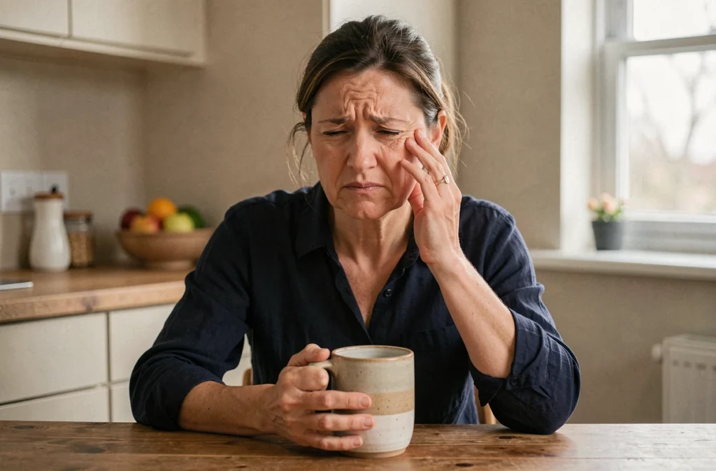 Femme qui grimace de douleur dentaire en tenant une tasse dans sa cuisine, évoquant la sensibilité dentaire au chaud