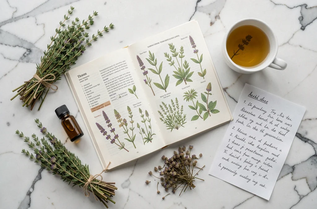Vue de dessus d'une composition à plat d'herbes de thym séchées, livre botanique et tasse d'infusion sur marbre blanc