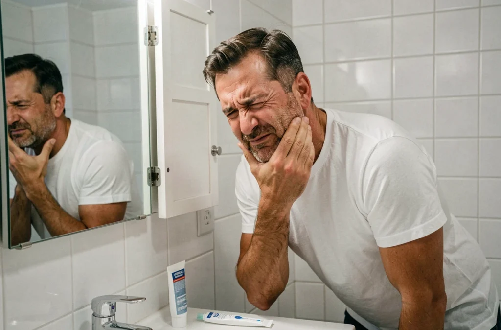 Homme qui touche sa mâchoire douloureuse devant le miroir de sa salle de bain, illustrant la douleur dentaire au quotidien