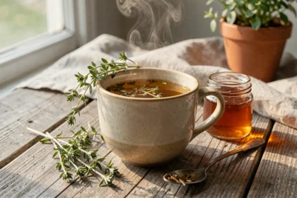 Infusion de thym dorée dans une tasse en céramique avec du miel et des brins de thym séchés sur une table en bois rustique