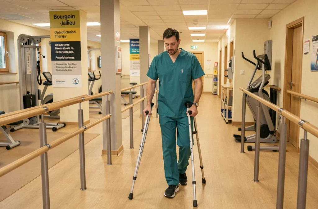 Institut de Rééducation IRR de Bourgoin-Jallieu avec un kinésithérapeute accompagnant un patient en rééducation à la marche