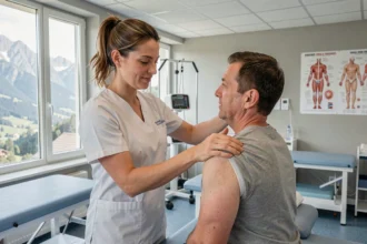 Kinésithérapeute en Isère travaillant avec un patient dans une clinique de rééducation moderne avec vue sur les montagnes