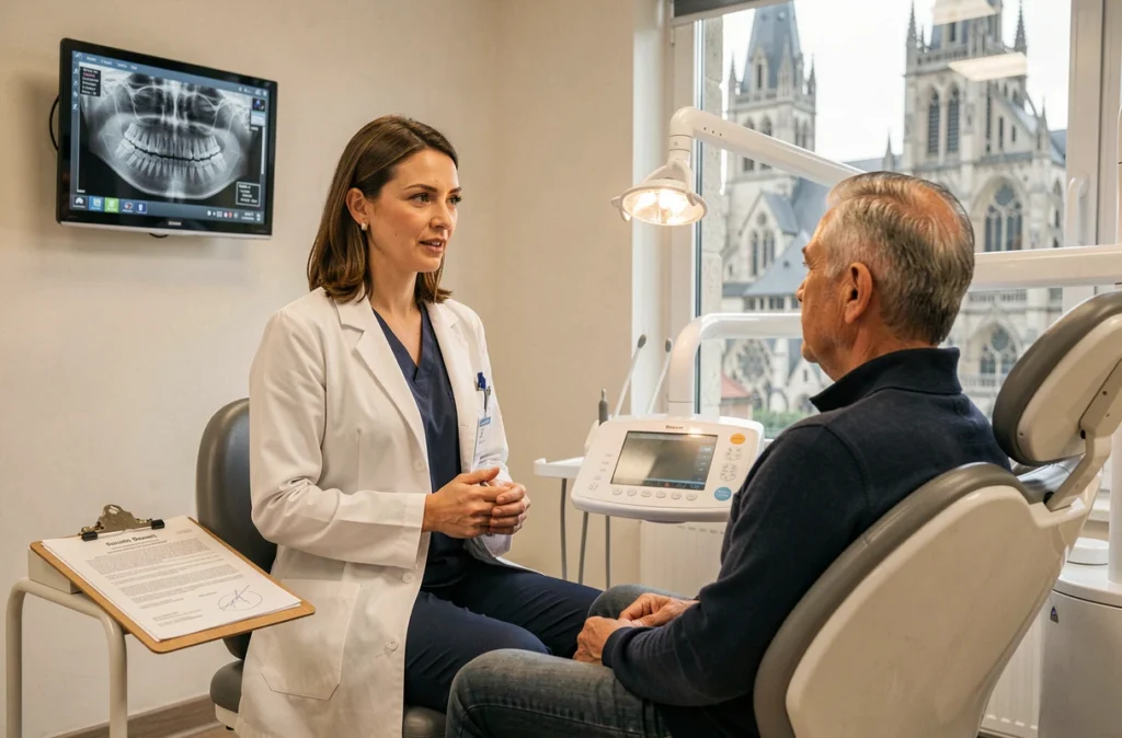 Dentiste en consultation avec un patient dans la salle de soins du centre dentaire Place Dentaire Beauvais dans l'Oise